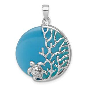 925 Sterling Silver RH-Plated Blue Agate Turtle & Reef Round Pendant - Unisex